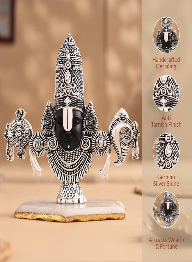 Svastika Tirupati Balaji Face Idol | Antique Silver Plated Venkateswara Murti | Spiritual Resin Idol for Home Temple, Pooja Room & Gift (7 Inch) - Image 2